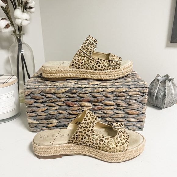Sole Society Calf Hair Leopard Print Gold Shimmer Espadrille Buckle Platform 9.5 - Picture 3 of 9